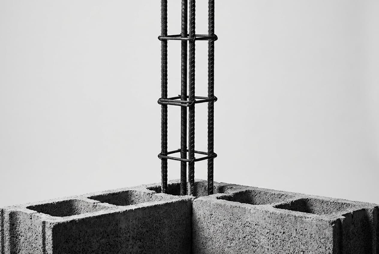 Distance poteau raidisseur mur parpaing : règles et normes Gros plan sur une armature en acier à l'intérieur d'un parpaing d'angle.