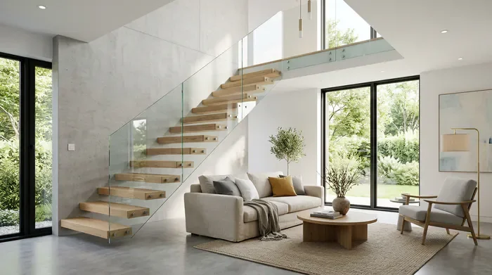 Petit salon avec escalier : 7 astuces d'architecte - 7 astuces pour transformer un petit salon avec escalier - Comment aménager un petit salon avec escalier ? Focus sur un aménagement sous-escalier avec meuble TV intégré.