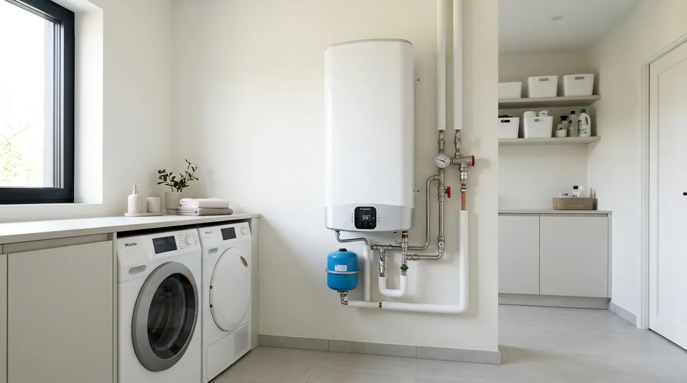 Brancher un chauffe-eau sur prise programmable : le danger Un chauffe-eau électrique moderne installé proprement dans une buanderie.