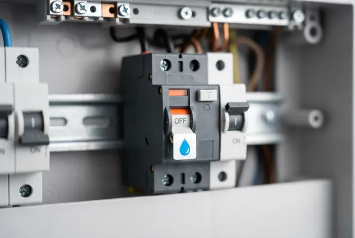 Panneau solaire disjoncte sous la pluie : causes et solutions - Panneau solaire qui disjoncte : le guide ultime de réparation - Pourquoi mon installation solaire disjoncte avec la pluie ? Disjoncteur différentiel en position OFF avec symbole de goutte d'eau