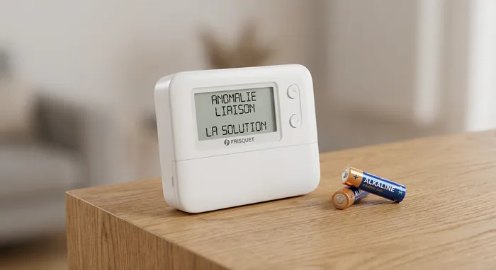 Anomalie liaison carte Frisquet : guide de dépannage - Réparer l'anomalie liaison carte Frisquet en 4 étapes - Anomalie liaison carte Frisquet : comment la résoudre ? Thermostat satellite Frisquet et piles neuves AA pour résolution de panne.