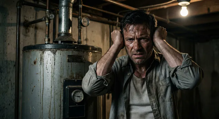 Chauffe-eau bruit marteau piqueur : solutions - Stoppez ce bruit de marteau piqueur ! - Chauffe-eau : pourquoi ce bruit de marteau piqueur ? Homme se bouchant les oreilles à cause du bruit d'un chauffe-eau.