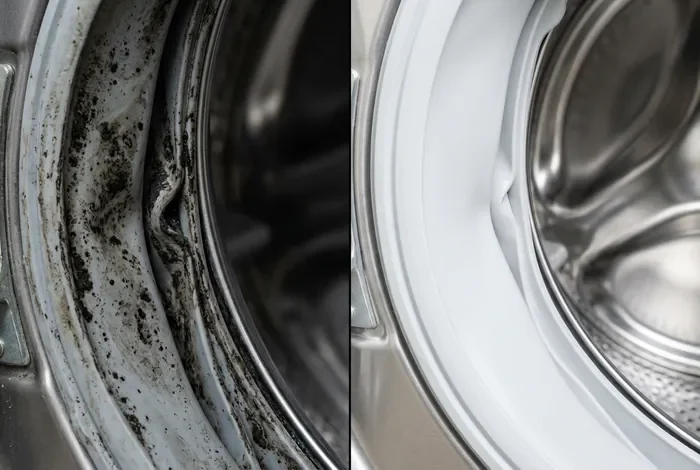 Dépôt noir machine à laver : 4 étapes - Dépôt noir dans la machine à laver : Le guide ultime - Comment enlever le dépôt noir dans la machine à laver ? Comparaison avant après nettoyage joint machine à laver