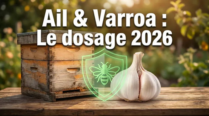 L'ail contre le varroa : recettes et dosages 2026 - Varroa : 3 remèdes à l'ail pour sauver vos abeilles - L'ail contre le varroa : est-ce vraiment efficace ? Miniature avec ruche, ail et texte Ail et Varroa Le dosage 2026