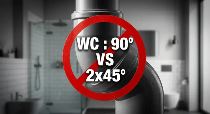Coude 90 interdit WC ? Le verdict du DTU et les solutions - Coude 90 WC : 3 secrets de plombier pour éviter les bouchons - Évacuation WC : le coude 90 est-il interdit ? La réponse Comparaison de montage WC entre un coude 90 degrés et deux coudes de 45 degrés.
