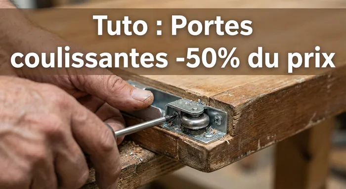 Fabriquer une porte coulissante de placard : le tuto pro - Portes de placard : le secret du sur-mesure à -70% - Comment fabriquer une porte de placard solide et pas cher ? Gros plan sur le montage d'une roulette de porte de placard coulissante.