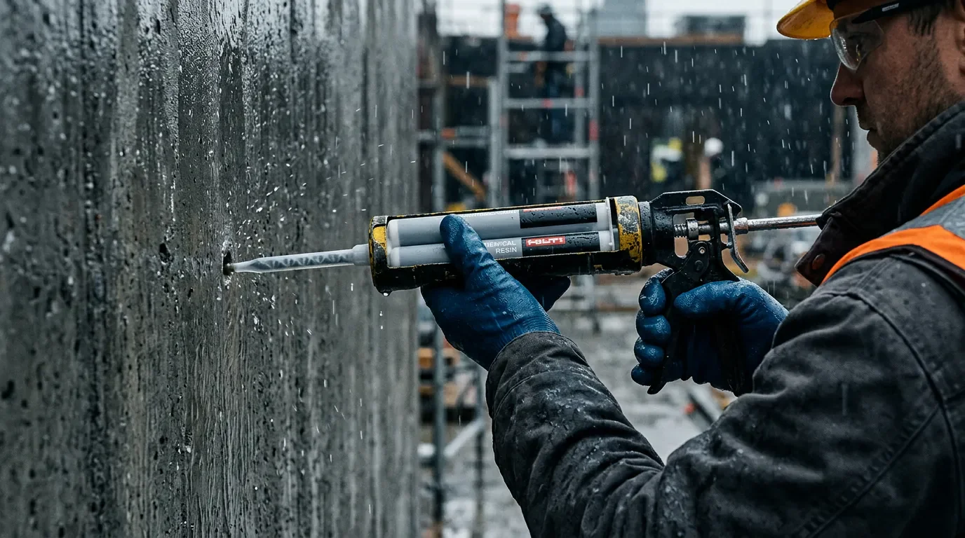 Scellement chimique sous la pluie : réussir vos fixations Pose de scellement chimique sur un mur en béton sous la pluie battante avec une cartouche de résine.